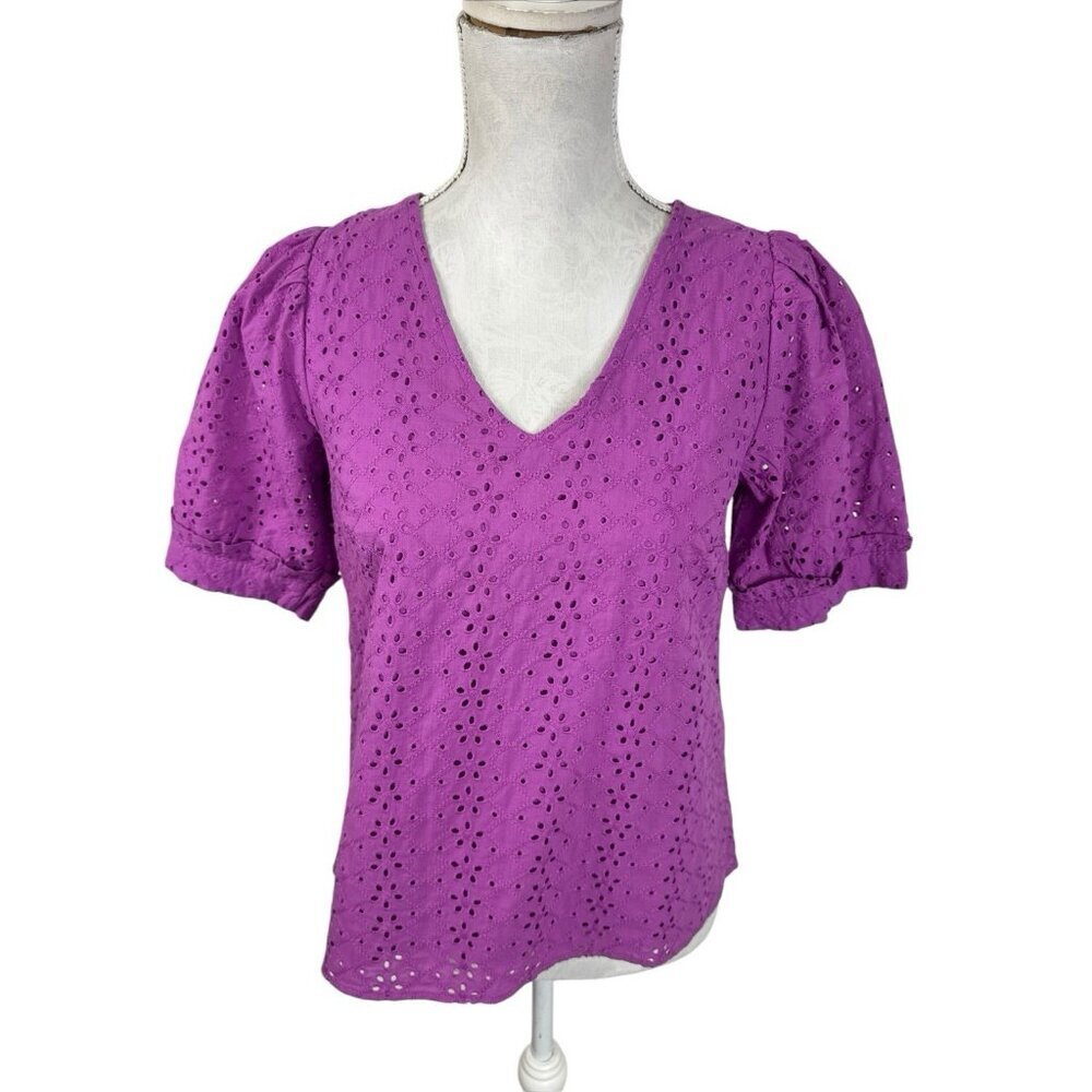 Draper James Women's XS Puff Sleeve Eyelet Lace Blouse Top Violet NWT
